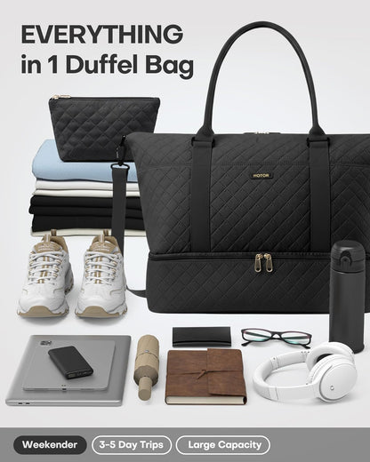 HOTOR Reisetasche - Große Weekender-Tasche für Frauen, Handgepäck mit Schuhfach, Übernachtungstasche mit Kulturtasche für Reiseutensilien und Reisezubehör, Schwarz, 34,0 x 45,0 x 20,0 cm