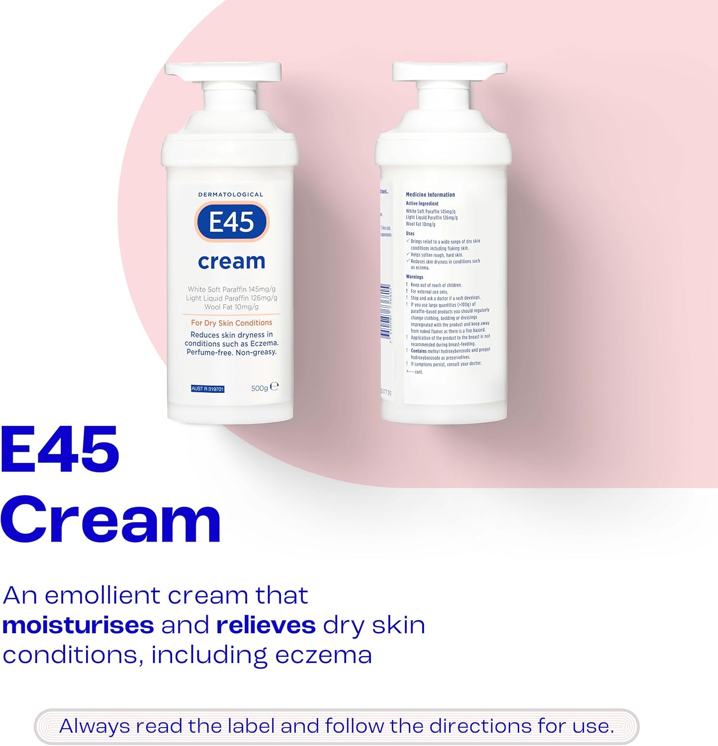 E45 - Dermatological Cream For Dry Skin Conditions | Non Greasy Emollient | Hypoallergenic | 500g
