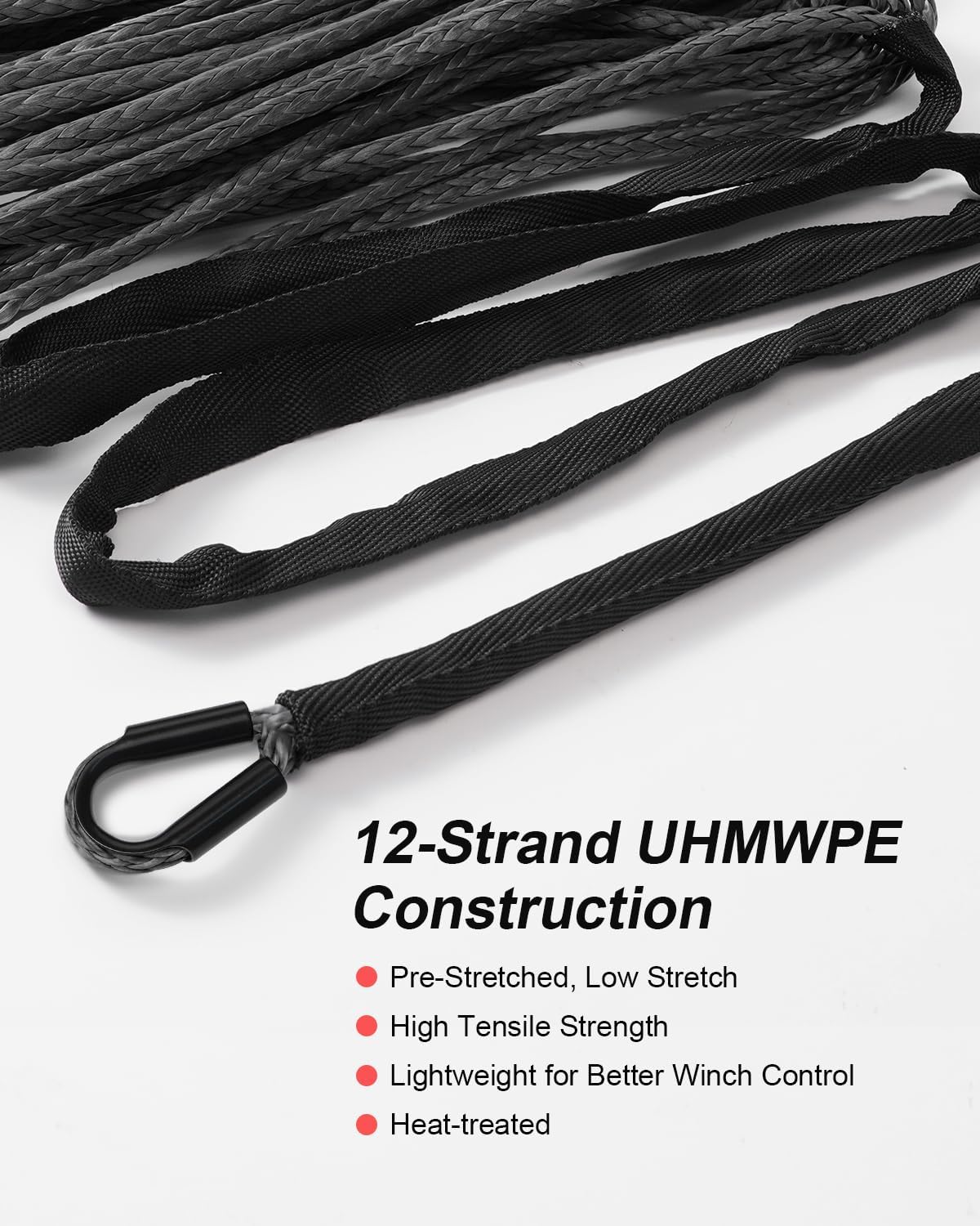 Kolvoii Synthetisches Windenseil-Set, 1/4" x 50ft 9.650lbs Windenseil mit Stahlhaken, Schutzhülle und Windenseilstopper für ATV UTV Off-Road Fahrzeuge etc. (Graues Seil, Schwarzer Haken)