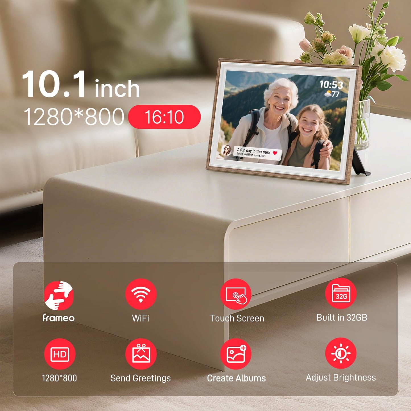 Frameo 10.1 Inch WiFi Digital Picture Frame, Smart Cloud Electronic Photo Frame with HD IPS Touch Screen Slideshow 32GB Memory Auto-Rotate Wall Mount, Share Photos/Videos from Phone - Gifts for Mom