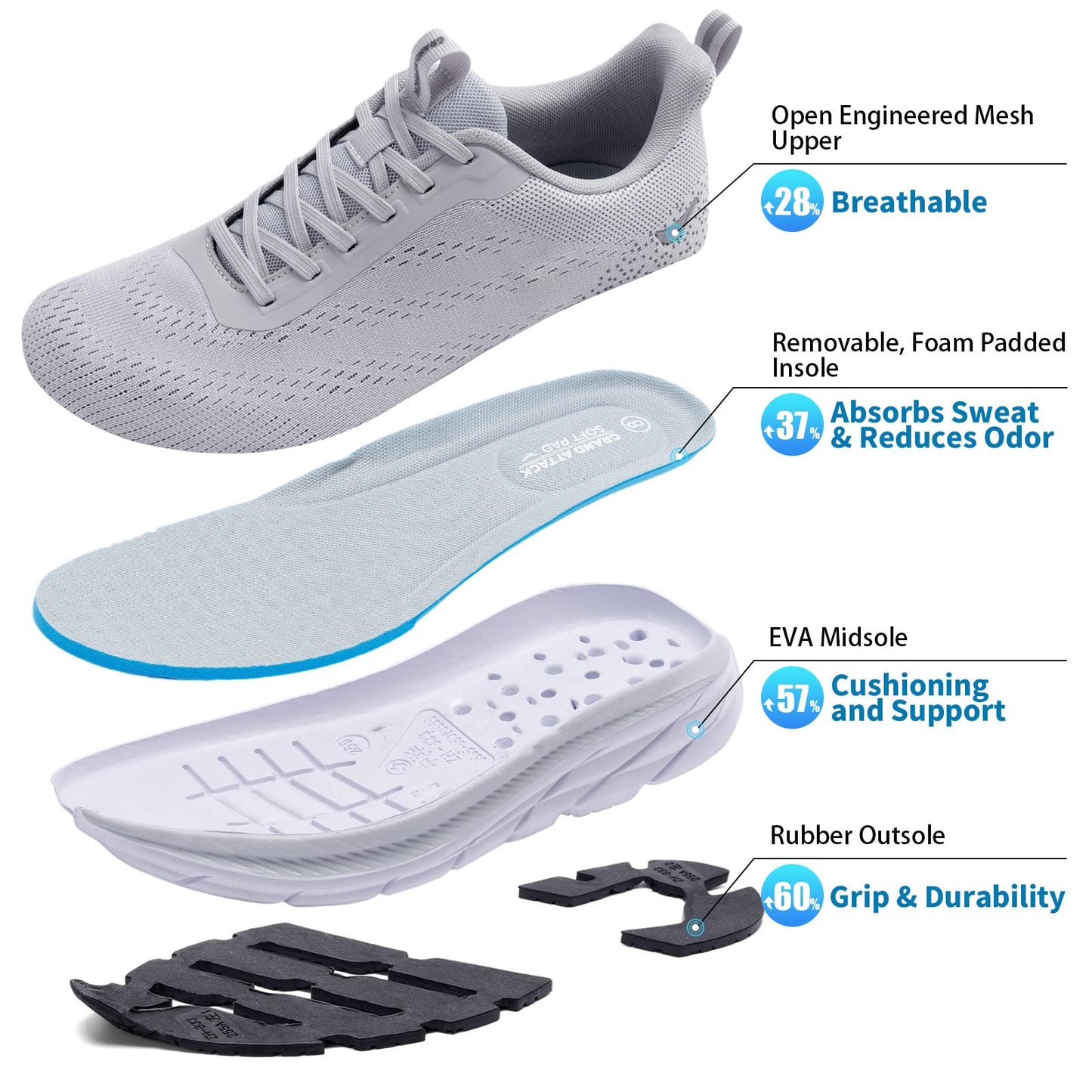 Grand Attack Men's Road Running Walking Shoes | Max Cushioned Comfort | Durable Non-Slip | Breathable Athletic Tennis Cross-Training Sneakers