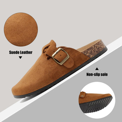 Women's Suede Clogs Mens Leather Mules Comfort Cork Footbed Sandals with Arch Support and Adjustable Buckle