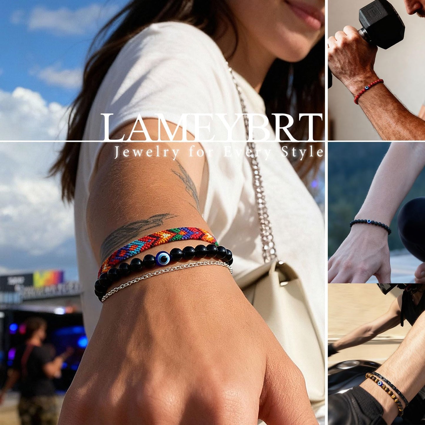 6 mm Böses Auge Armband aus schwarzen Kristallen – verstellbares Set aus Natursteinen für Herren und Damen, Schutzamulett als Geschenk für den Alltag/Geburtstag/Jahrestag