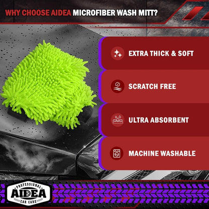 AIDEA Auto Waschhandschuh Mikrofaser, 2er Pack Kratzfrei Fusselfrei, Premium Chenille Mikrofaser Waschhandschuh Auto Waschbürste, Grün, Reguläre Größe 18,08 cm x 25,76 cm