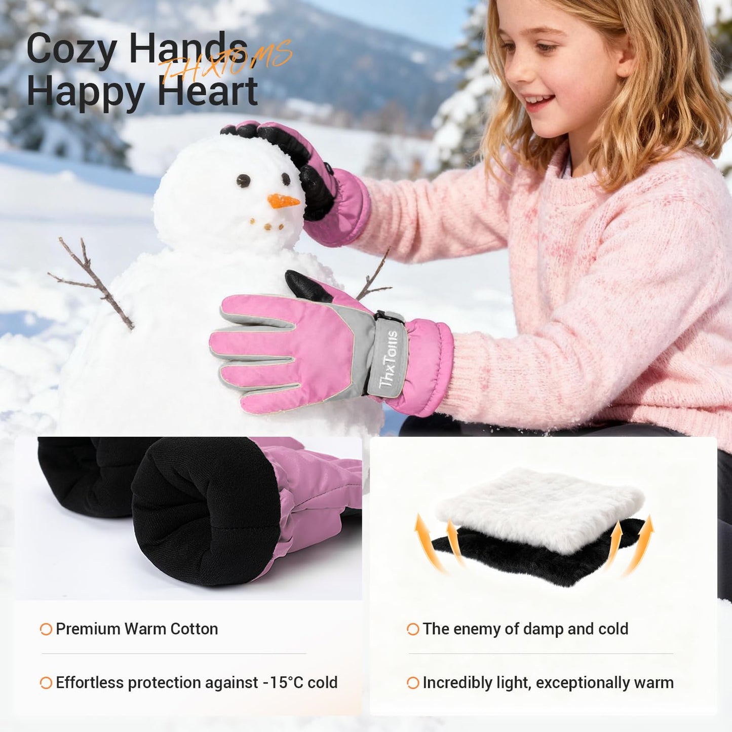 ThxToms Kinder Winterhandschuhe Wasserdichte Ski-Snowboardhandschuhe für Outdoor-Sportarten, Jungen und Mädchen Kaltwetter-Fahrradhandschuhe