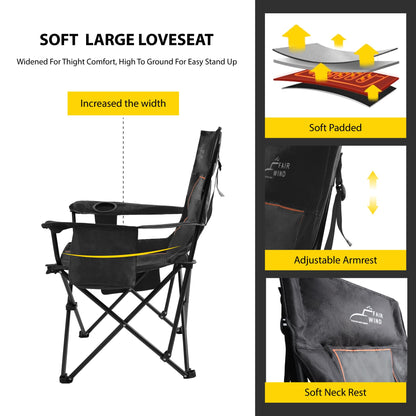 FAIR WIND Padded Camping Chair 500LBS Capacity Heavy Duty Oversized Folding Chair for Heavy People Portable Lawn Chair with Adjustable Lumbar Support, Cooler Bag & Cup Holder for Outdoor, Beach