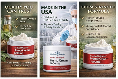 Medical Miracles Hemp Cream 1000mg – 4oz Topical Skin Cream – Fast-Absorbing, Non-Greasy Moisturizer – Premium Hemp Extract Formula for Daily Use