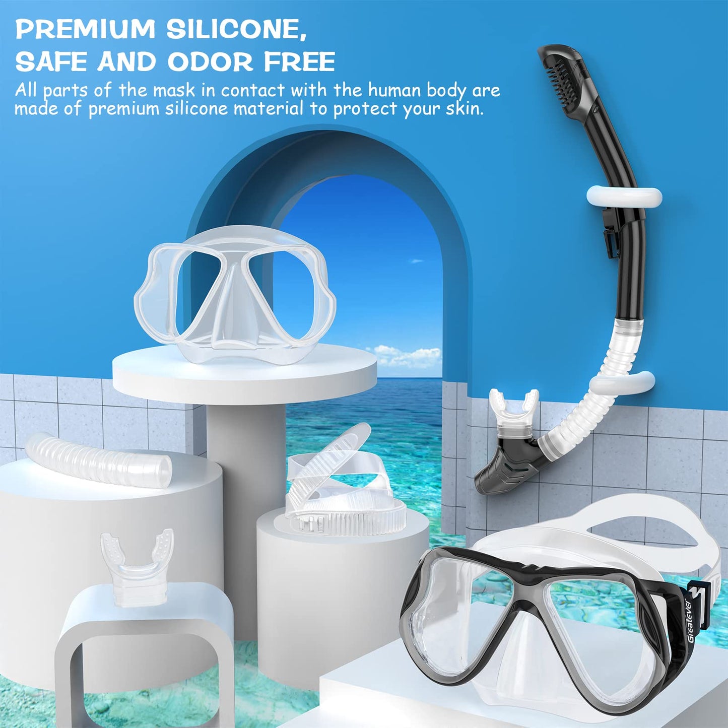 Greatever Dry Snorkel Set,Panoramic Wide View Anti-Fog Scuba Diving Mask,Professional Snorkeling Gear for Adults Kids