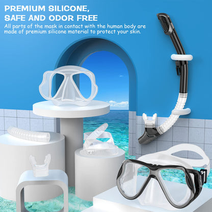 Greatever Dry Snorkel Set,Panoramic Wide View Anti-Fog Scuba Diving Mask,Professional Snorkeling Gear for Adults Kids