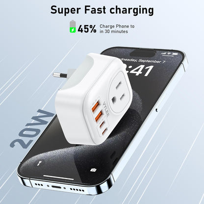 2 Pack European Travel Plug Adapter, VYLEE International Travel Adapter with 2 Outlets 4 USB Ports(2 USB C), 6 in 1 Type C Travel Essentials Charger for US to Most of Europe EU Italy Spain France