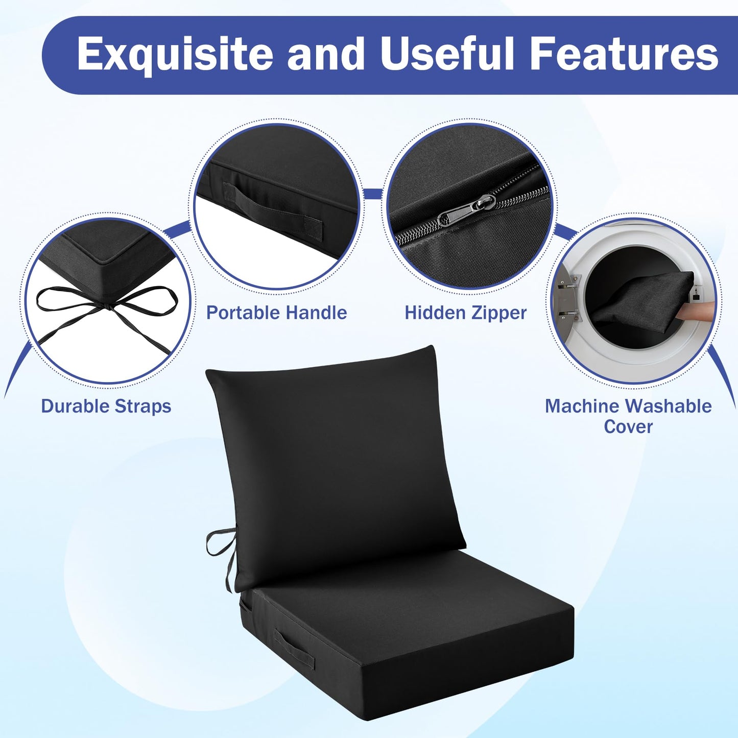 IASEAHK Outdoor Chair Cushions, 24 x 24 Inch Outdoor Cushion for Patio Furniture, Patio Chair Cushion, Waterproof & Fade Resistant Deep Patio Furniture Cushions Set with Handle and Ties, Navy Blue