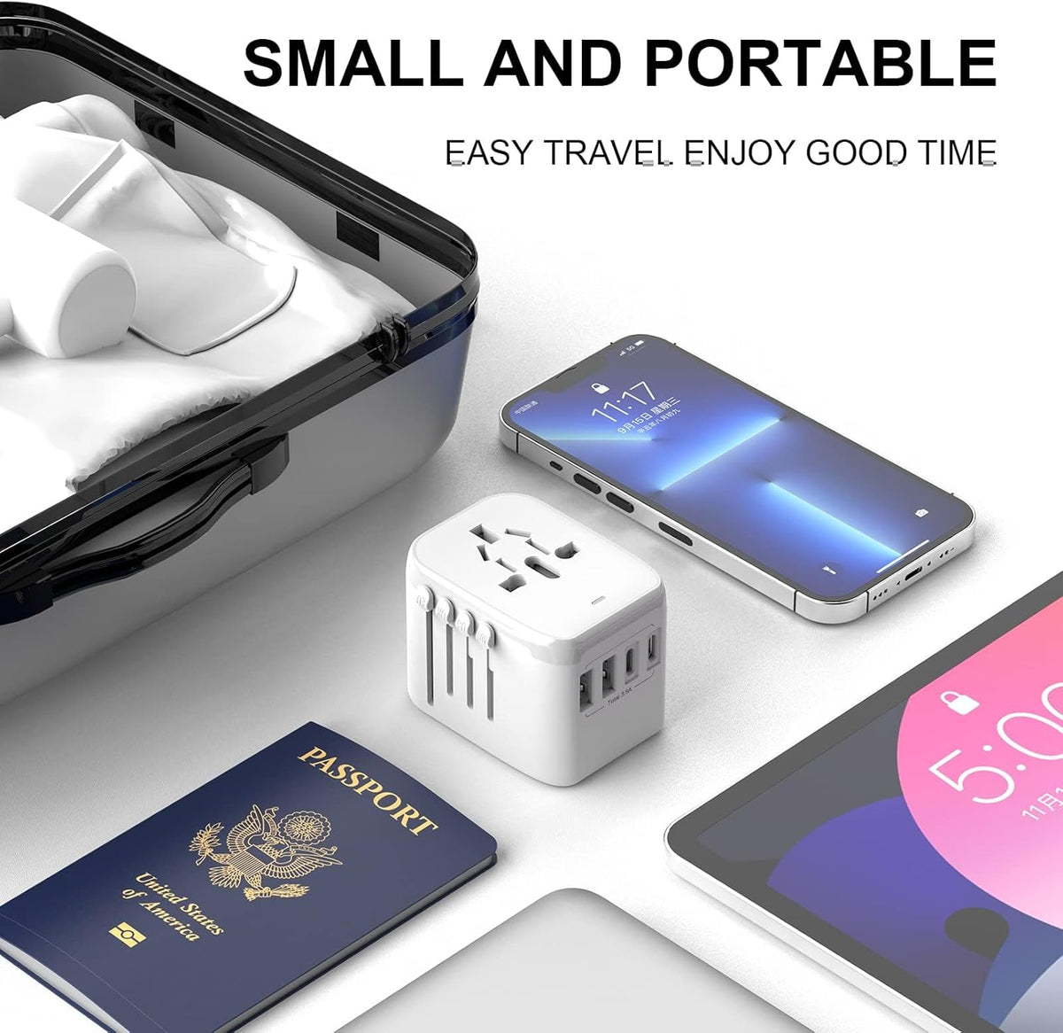 VYLEE Universal International Power Travel Plug Adapter, 5 in 1 European Travel Plug Adapter W/ 3.5A 2xUSB-A and 2xUSB C Wall Charger and Worldwide AC Outlet for Europe USA UK AUS Asia (White)
