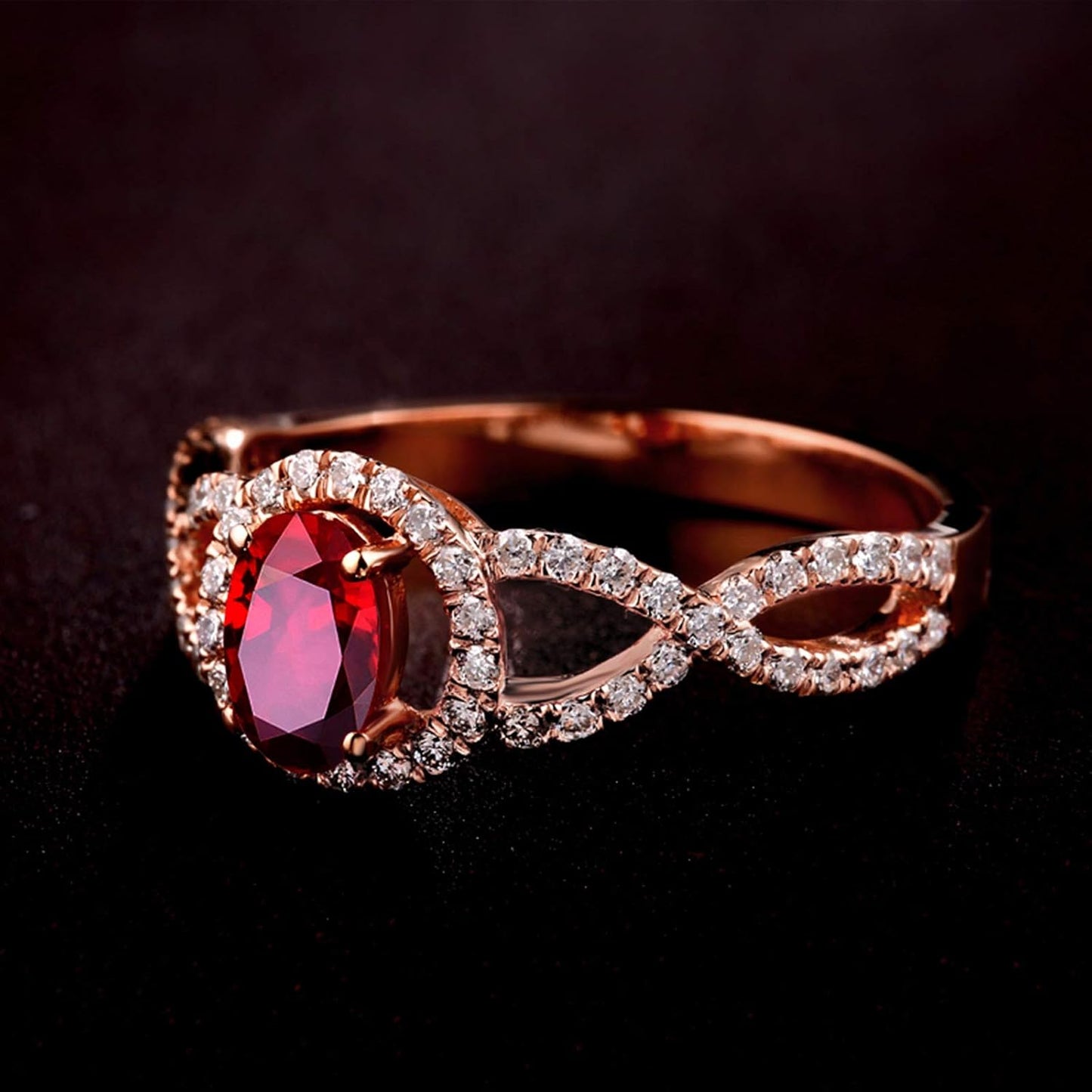 Aienid 18Ct Rose Gold Wedding Bands Oval Ruby Hollow Twisted Ring with White Diamond Engagement Ring for Her