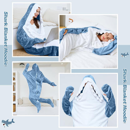Shark-Decke-Hoodie-Onesie für Erwachsene und Kinder, kuscheliger Flanell-Kostüm-Schlafsack