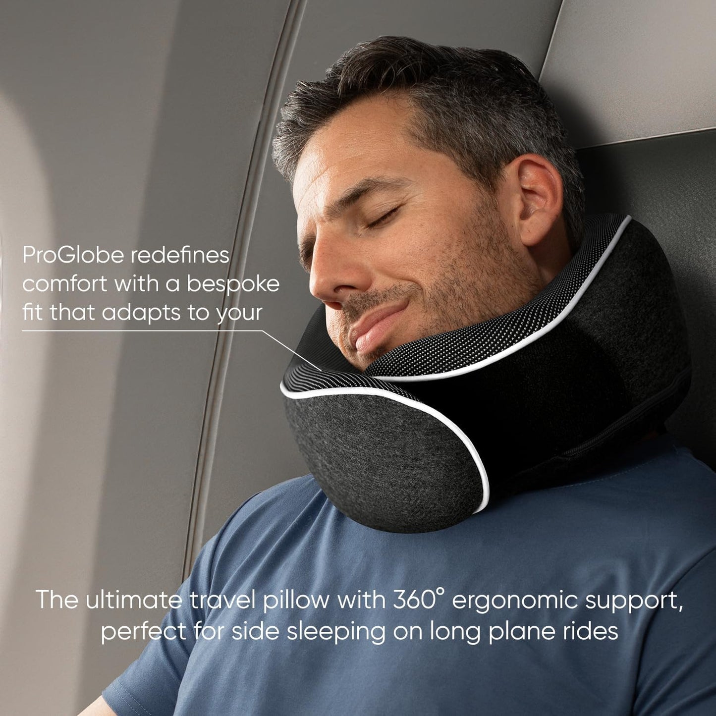 Proglobe Orthopädisches Nackenkissen Reise-Nackenkissen für Flugzeuge, Memory Foam Kit, aktualisiertes Ruhematerial, Flugreise-Set mit 3D-konturierter Augenmaske, Ohrstöpseln und luxuriösem Netzbeutel (Grau)