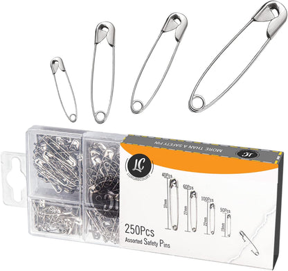 250 Pack Safety Pins by Luxurecourt, 4 Assorted Sizes of Durable, Silver Small and Large SafetyPins Bulk, Rust-Resistant Nickel Plated Steel, Sharp Edge Safety Pins for Clothes, Sewing, Arts & Craft