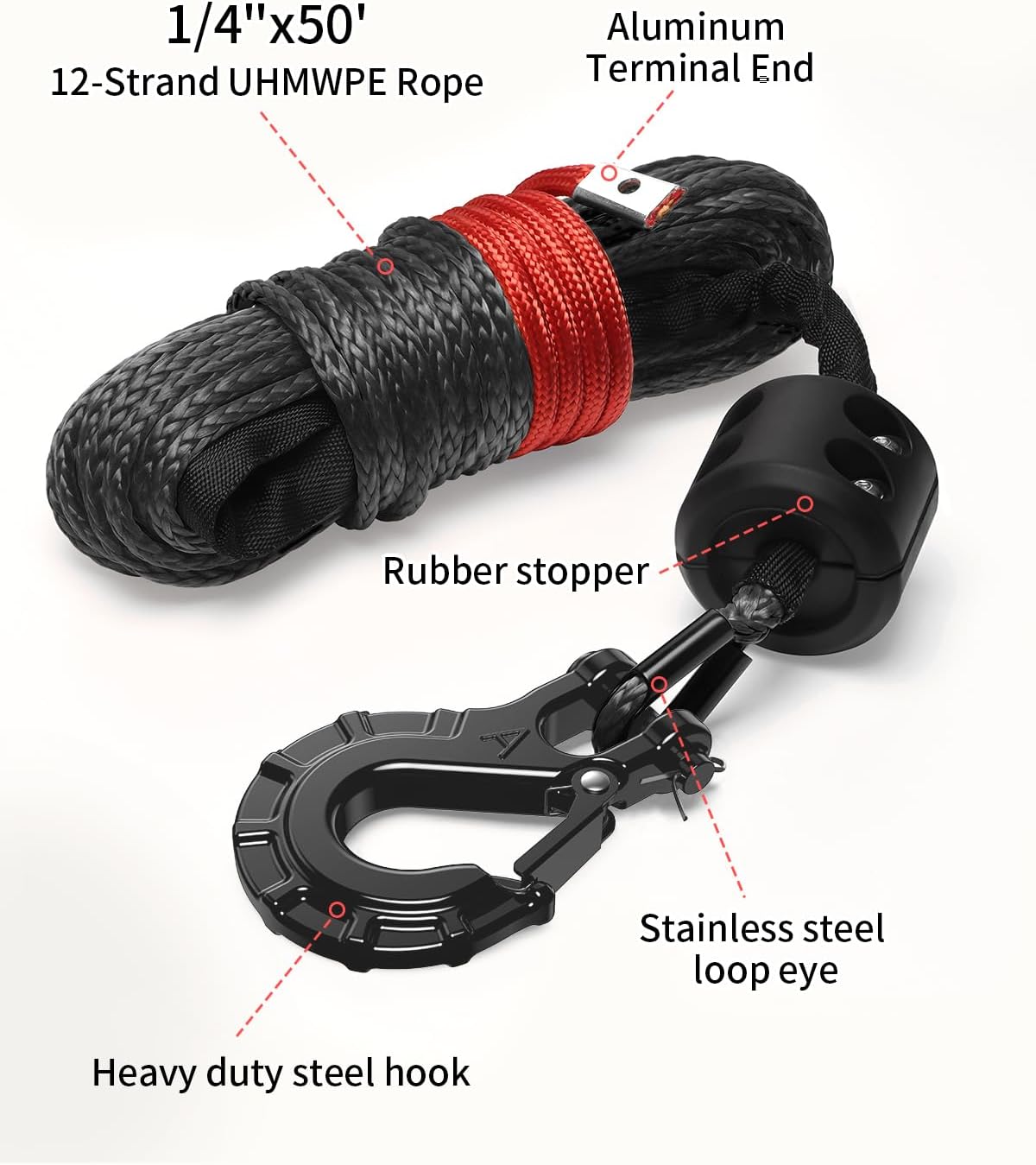Kolvoii Synthetisches Windenseil-Set, 1/4" x 50ft 9.650lbs Windenseil mit Stahlhaken, Schutzhülle und Windenseilstopper für ATV UTV Off-Road Fahrzeuge etc. (Graues Seil, Schwarzer Haken)