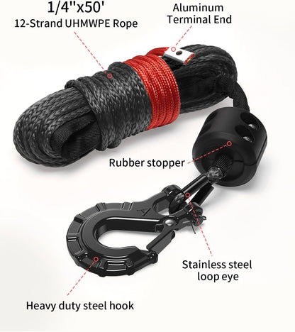 Kolvoii Synthetisches Windenseil-Set, 1/4" x 50ft 9.650lbs Windenseil mit Stahlhaken, Schutzhülle und Windenseilstopper für ATV UTV Off-Road Fahrzeuge etc. (Graues Seil, Schwarzer Haken)