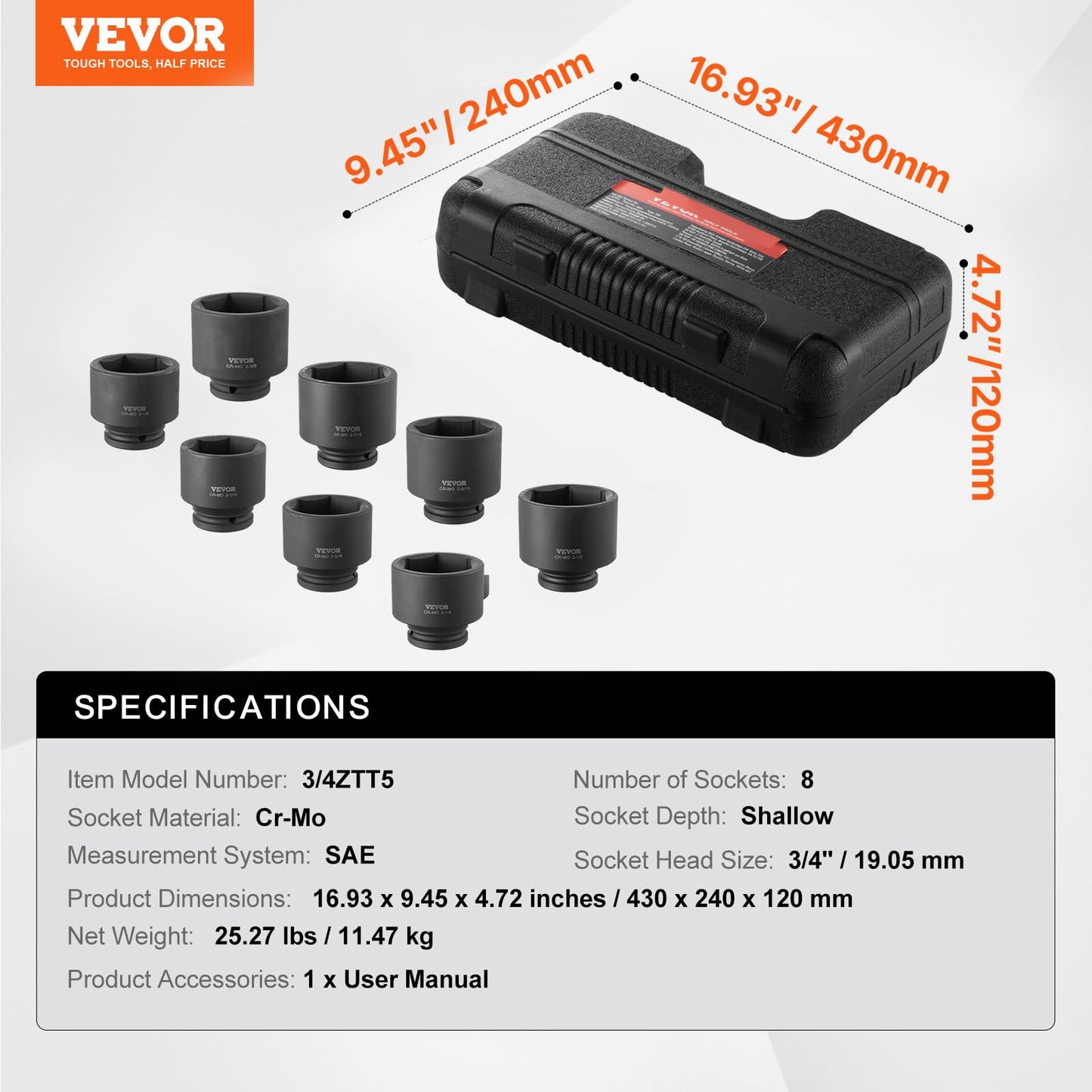 VEVOR 91-Piece 1/2" Drive Impact Socket Set, SAE (5/16" to 1-1/4") & Metric (8 to 32 mm), CR-V, Deep & Shallow, 6 Point, Ratchet Handle, Universal Joint, Adapters, Extension Bars (3, 5, 10 in)