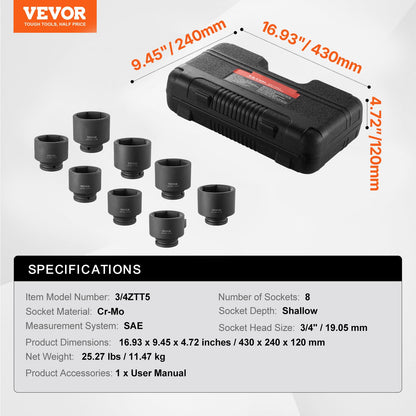 VEVOR 91-Piece 1/2" Drive Impact Socket Set, SAE (5/16" to 1-1/4") & Metric (8 to 32 mm), CR-V, Deep & Shallow, 6 Point, Ratchet Handle, Universal Joint, Adapters, Extension Bars (3, 5, 10 in)