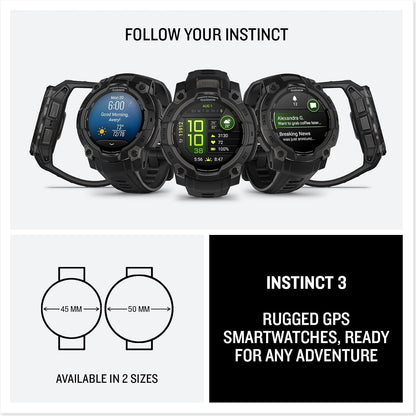 Garmin Instinct® 3 45mm, AMOLED Display, Rugged Outdoor GPS Smartwatch, Metal-Reinforced Bezel, Built-in Flashlight, Up to 18 Days of Battery Life, Black