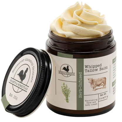 Hearth & Homestead Whipped Beef Tallow for Skin & Face - 100% Grass Fed, Eczema Cream & Body Butter - Organic Olive Oil, Calendula & Rose - Lotion & Hand Moisturizer for Dry Skin, Unscented, 1.3oz