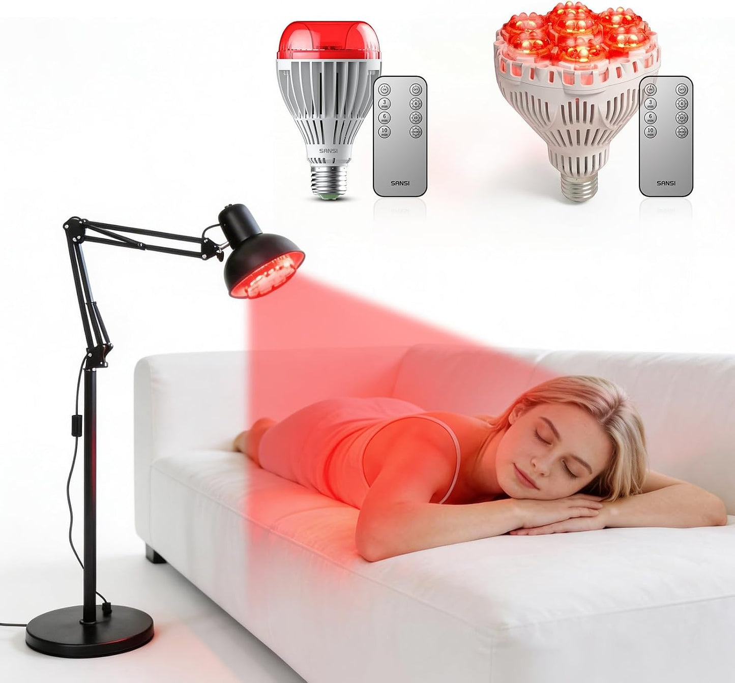 SANSI 25W 670nm Red Light Bulb for Sleep Therapy, Zero Blue Light for Melatonin Promoting Natural Sleep Aid + 32W 660nm 850nm Red Light Therapy for Body Face with Adjustable Stand