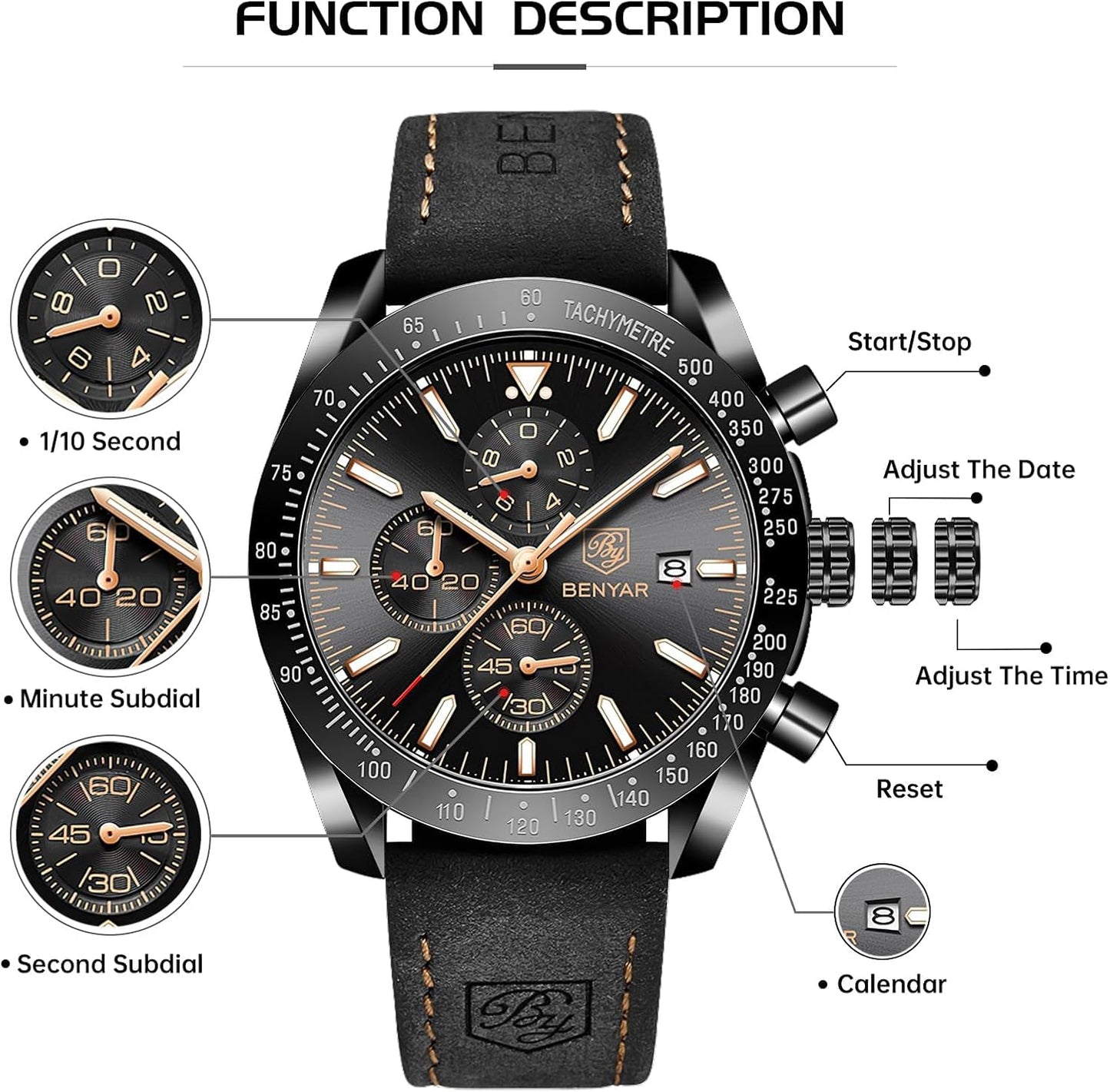 BY BENYAR Uhren für Herren Analog Quarz Chronograph 30M Wasserdicht Leuchtend Großes Zifferblatt Herren Armbanduhren Business Arbeit Sport Freizeit Mode Designer Uhr Elegantes Geschenk für Herren