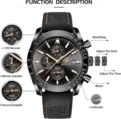 BY BENYAR Uhren für Herren Analog Quarz Chronograph 30M Wasserdicht Leuchtend Großes Zifferblatt Herren Armbanduhren Business Arbeit Sport Freizeit Mode Designer Uhr Elegantes Geschenk für Herren