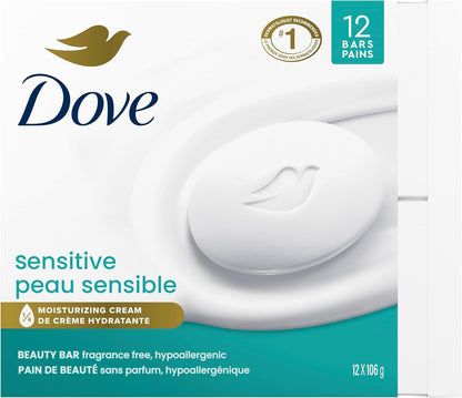 Dove Beauty Bar spendet mehr Feuchtigkeit als Stückseife für weichere Haut, ohne Duftstoffe, hypoallergen für empfindliche Haut mit sanfter Reinigung 106 g 12 Stück
