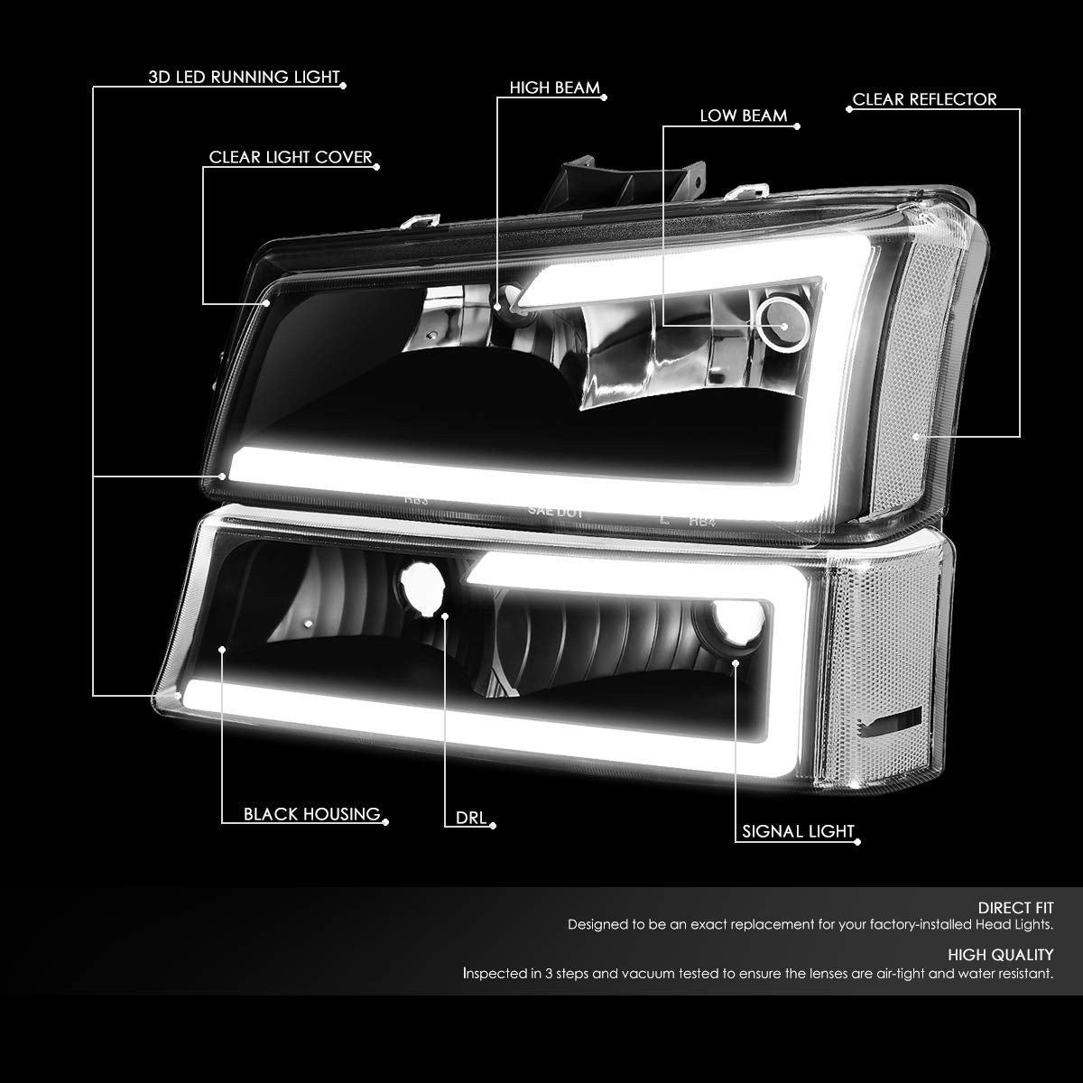 DNA MOTORING HL-LB-CSIL03-BK-CL1 Black Housing 3D LED DRL Headlight Bumper Lamp Set Compatible with 03-06 Silverado 1500-3500 / Avalanche 1500 2500