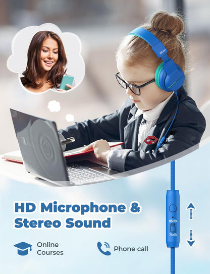 iClever Kinderkopfhörer für Schule und Reisen, sichere Lautstärkebegrenzung, HD-Mikrofon, Stereo-Sound Over-Ear-Kopfhörer für Mädchen und Jungen, FunShare Faltbar, 3,5 mm kabelgebunden für iPad Computer, HS19