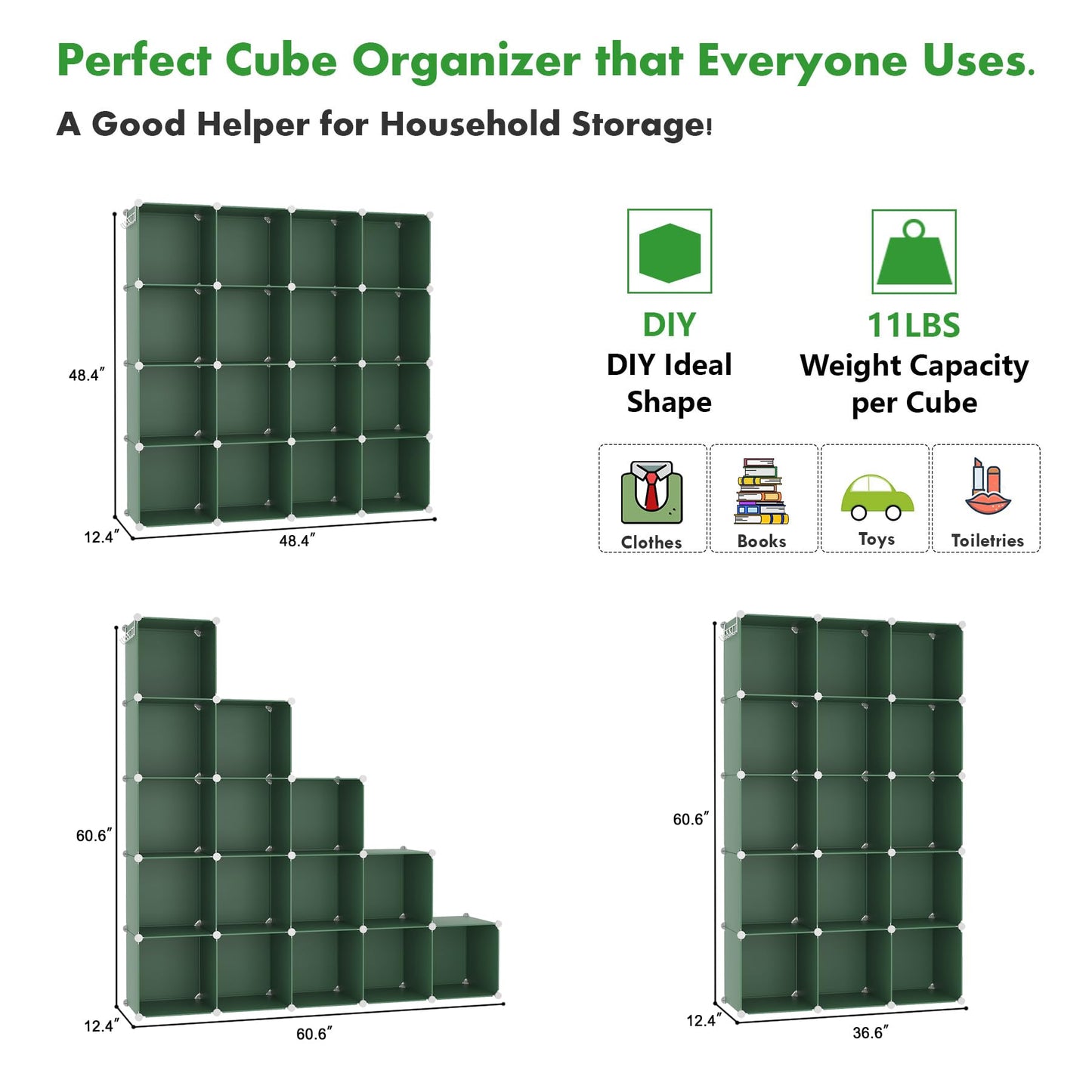 C&AHOME Cube Storage Organizer, 16-Cube Shelves Units, Plastic Storage Cubes, DIY Closet Organizer, Modular Closet Storage Shelves Ideal for Home, Bedroom, 48.4" L × 12.4" W × 48.4" H Black SUM3016H