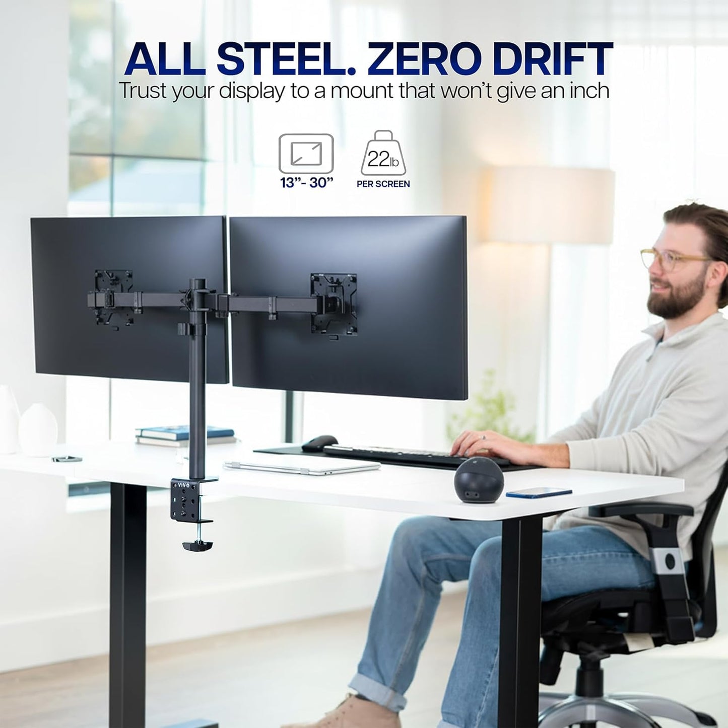 VIVO Dual-Monitor Tischhalterung, für 2 Bildschirme bis zu 30 Zoll und je 10 kg, Hochleistungs-Stahlständer voll verstellbar mit Klemme und Tülle, Schwarz, STAND-V002