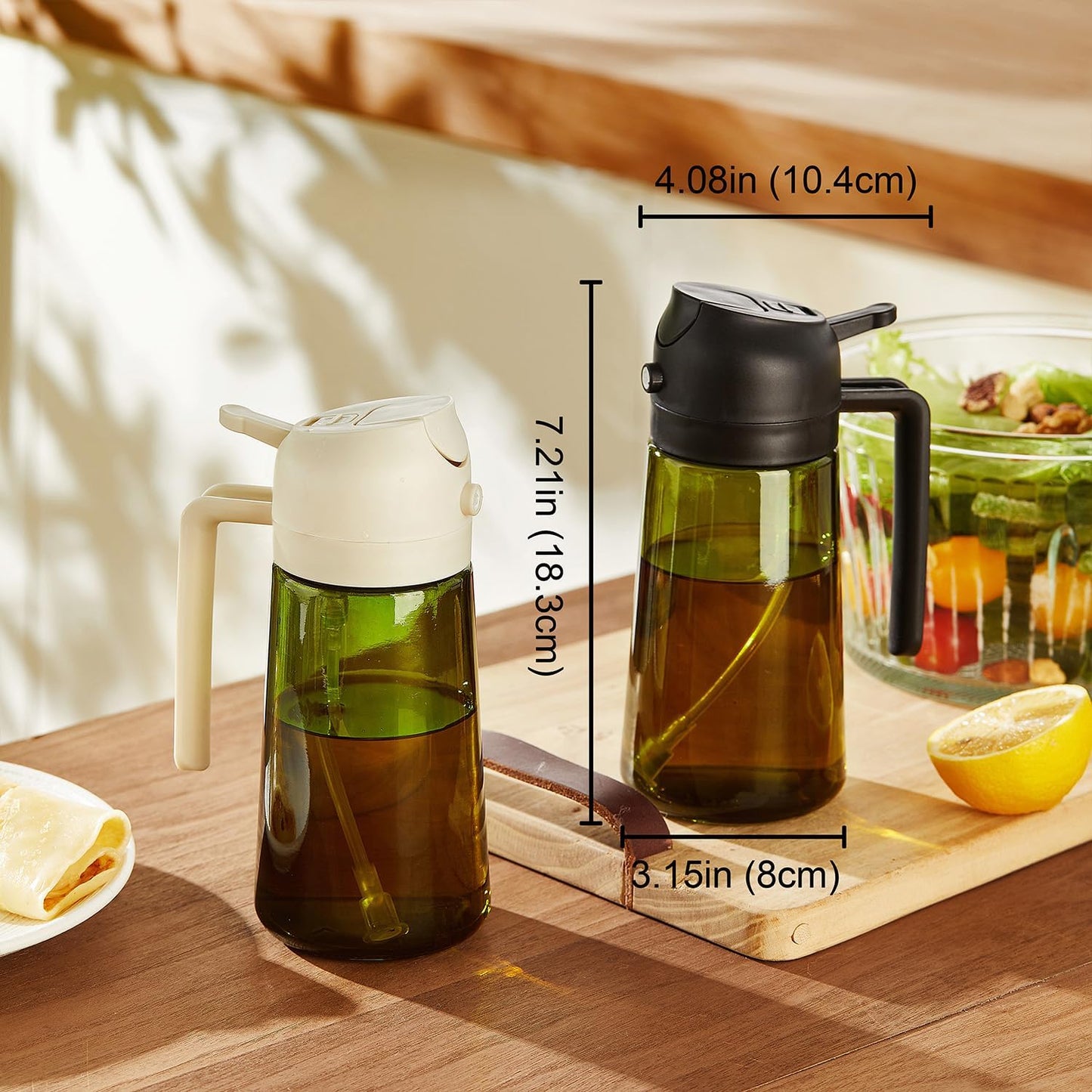 TrendPlain Botella dispensadora de aceite de oliva de 470 ml para utensilios de cocina - Dispensador y pulverizador 2 en 1 - Pulverizador de aceite de oliva con pegatinas (bloqueo de luz) - Sin BPA - Negro