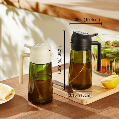TrendPlain Botella dispensadora de aceite de oliva de 470 ml para utensilios de cocina - Dispensador y pulverizador 2 en 1 - Pulverizador de aceite de oliva con pegatinas (bloqueo de luz) - Sin BPA - Negro