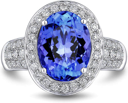 AmDxD 18K Gold Band Ring, Women Wedding Ring Band 3.8ct Oval Cut Blue Tanzanite with 1.22ct Diamond Birthday Gifts | Valentine Gifts
