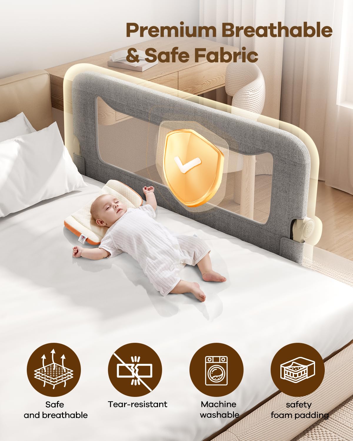 Foldable Bed Rail for Toddlers, 71in Reinforced Carbon Steel Frame&Connectors, Breathable Cationic Fabric - Safety Toddler Bed Rails for Queen, King, Twin, Full, No-Tool Setup.