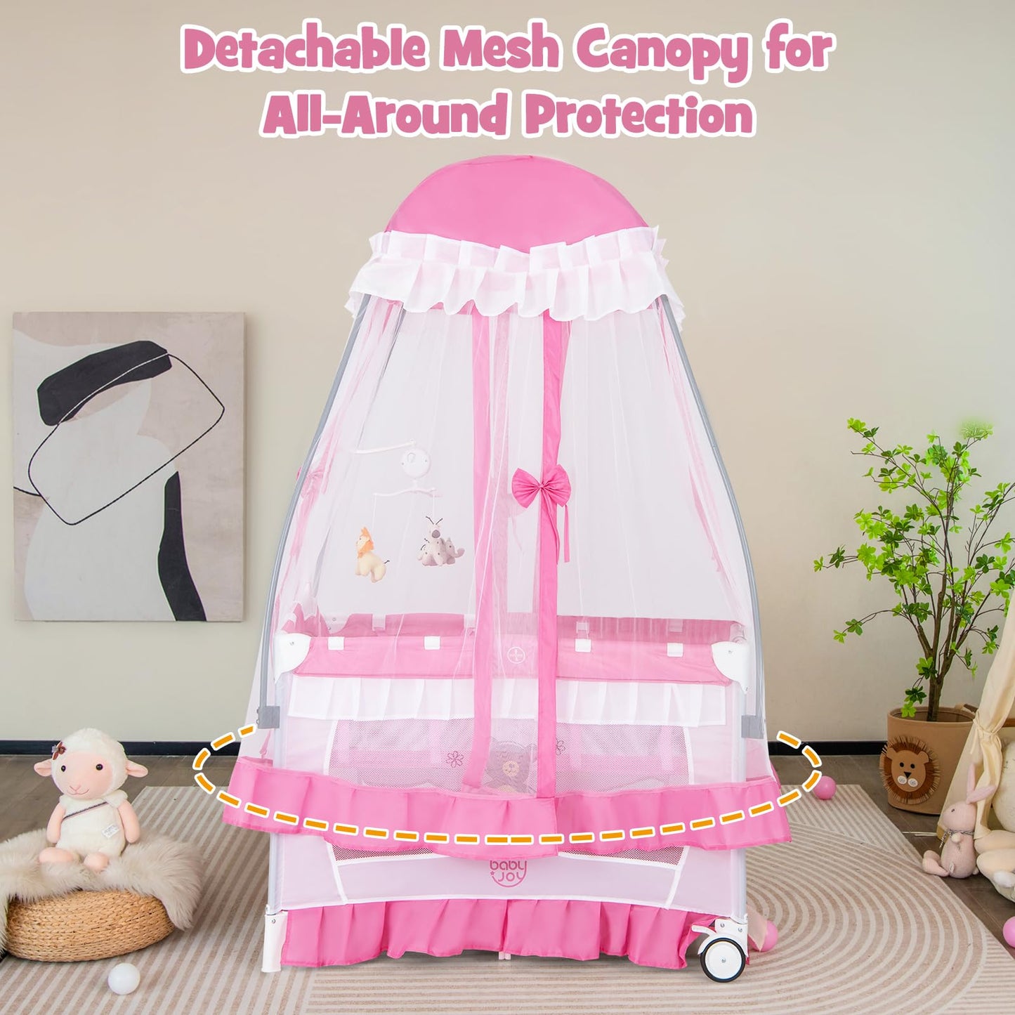 BABY JOY 4 in 1 Pack and Play with Canopy, Portable Baby Playard with Bassinet, Double-Layer Baby Crib, Wheels & Brake, Foldable Baby Girl Pink Bassinet from Newborn to Toddler