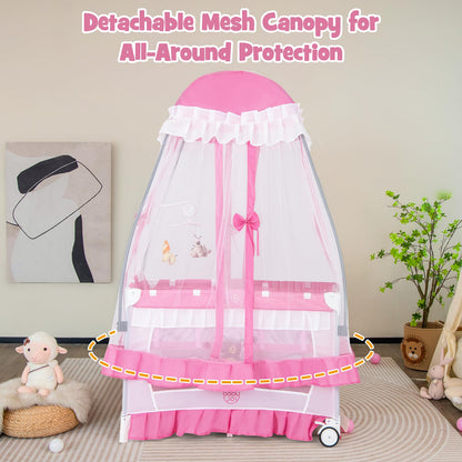 BABY JOY 4 in 1 Pack and Play with Canopy, Portable Baby Playard with Bassinet, Double-Layer Baby Crib, Wheels & Brake, Foldable Baby Girl Pink Bassinet from Newborn to Toddler