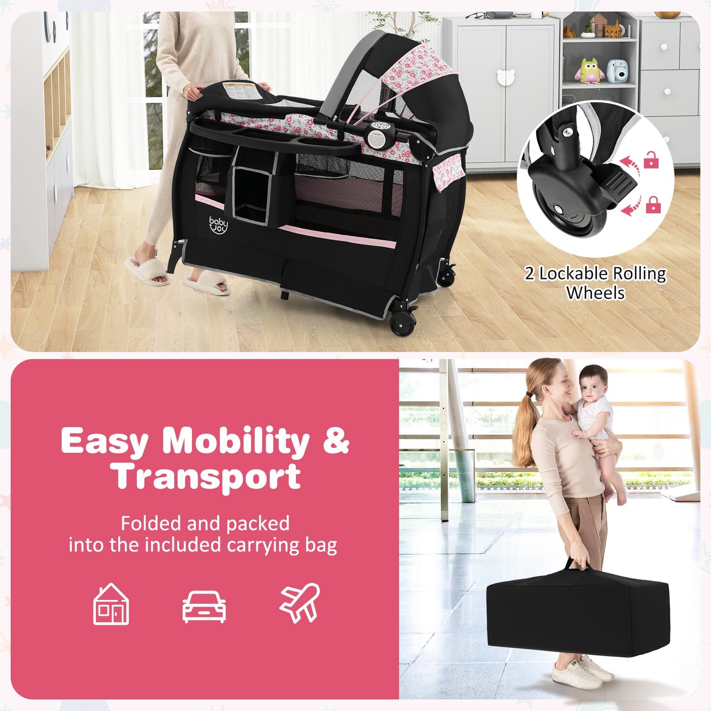 BABY JOY 4 in 1 Pack and Play, Portable Baby Playard with Bassinet & Flip-Away Changing Table, Canopy, Portable Bedside Crib with Storage Basket, Oxford Bag, Infant Bassinet from Newborn to Toddlers