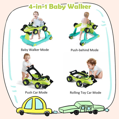 HONEY JOY 4-in-1 Baby Walker, Activity Push Walker w/3 Adjustable Heights, Smooth Wheels w/Adjustable Speed, Padded Seat, Music & Light, Foldable Car Walker for Baby Boys Girls Age 6 Months+ (Blue)