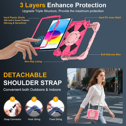 Case for iPad A16 11th Generation 11 Inch 2025, Auorld for iPad 10th Generation 10.9 inch 2022 case with Screen Protector, 360 Degree Rotating Stand Shoulder Strap Pencil Holder, Navy Pink