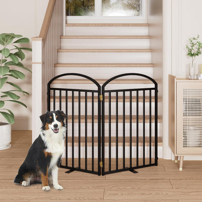 SNUOWU 4 Panels Full Matel Freestanding Dog Gates with Door, 96"Extra Wide 36"Tall Free Standing Dog Pet Gate for Indoor & Outdoor. Foldable Pet Fences for Doorways, House, Stairs, Porch, Deck, Yard