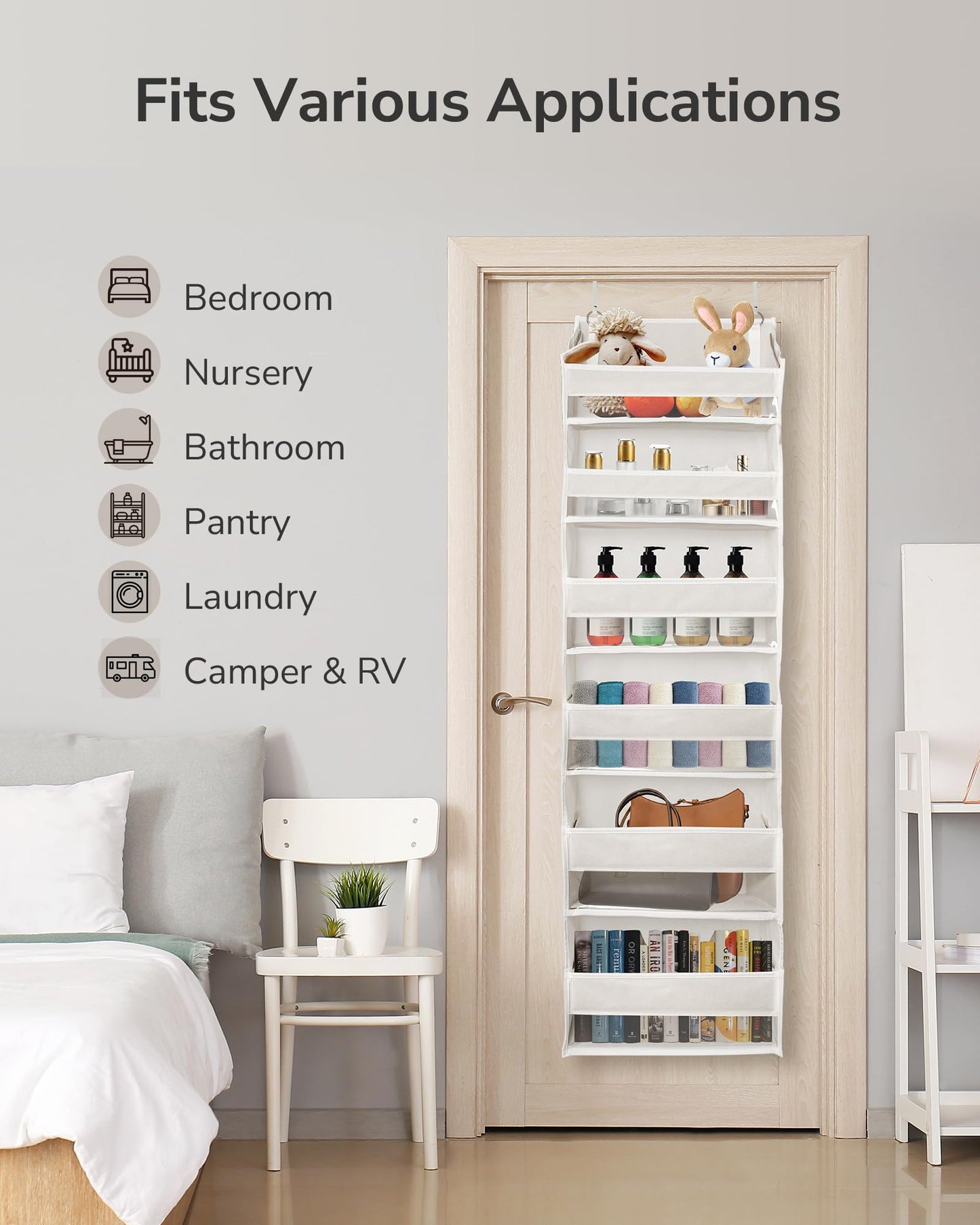 ULG Over The Door Organizer with 6 Large Pockets 12 Side Pockets, 50lbs Weight Capacity Door Hanging Organizer for Bedroom, Bathroom, Pantry, Nursery Storage, Beige