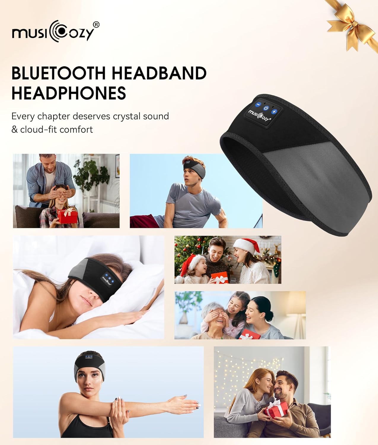 MUSICOZY Bluetooth 5.4 Schlaf-Kopfhörer-Stirnband, kabellose Schlaf-Kopfhörer-Schlafmaske Ohrhörer IPX6 wasserdicht für Seitenschläfer, Training, Laufen, Schlaflosigkeit, Reisen, Yoga, coole Tech-Gadgets, einzigartiges Geschenk