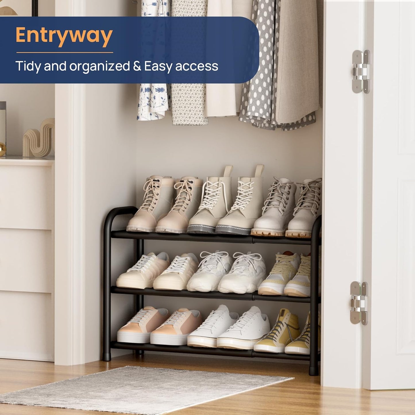 ENJOYBASICS Erweiterbare Schuhregale aus Metall für den Kleiderschrank, 3-stöckiges verstellbares Schuh-Organizer-Regal, schwarz, freistehendes Schuhregal für den Eingangsbereich