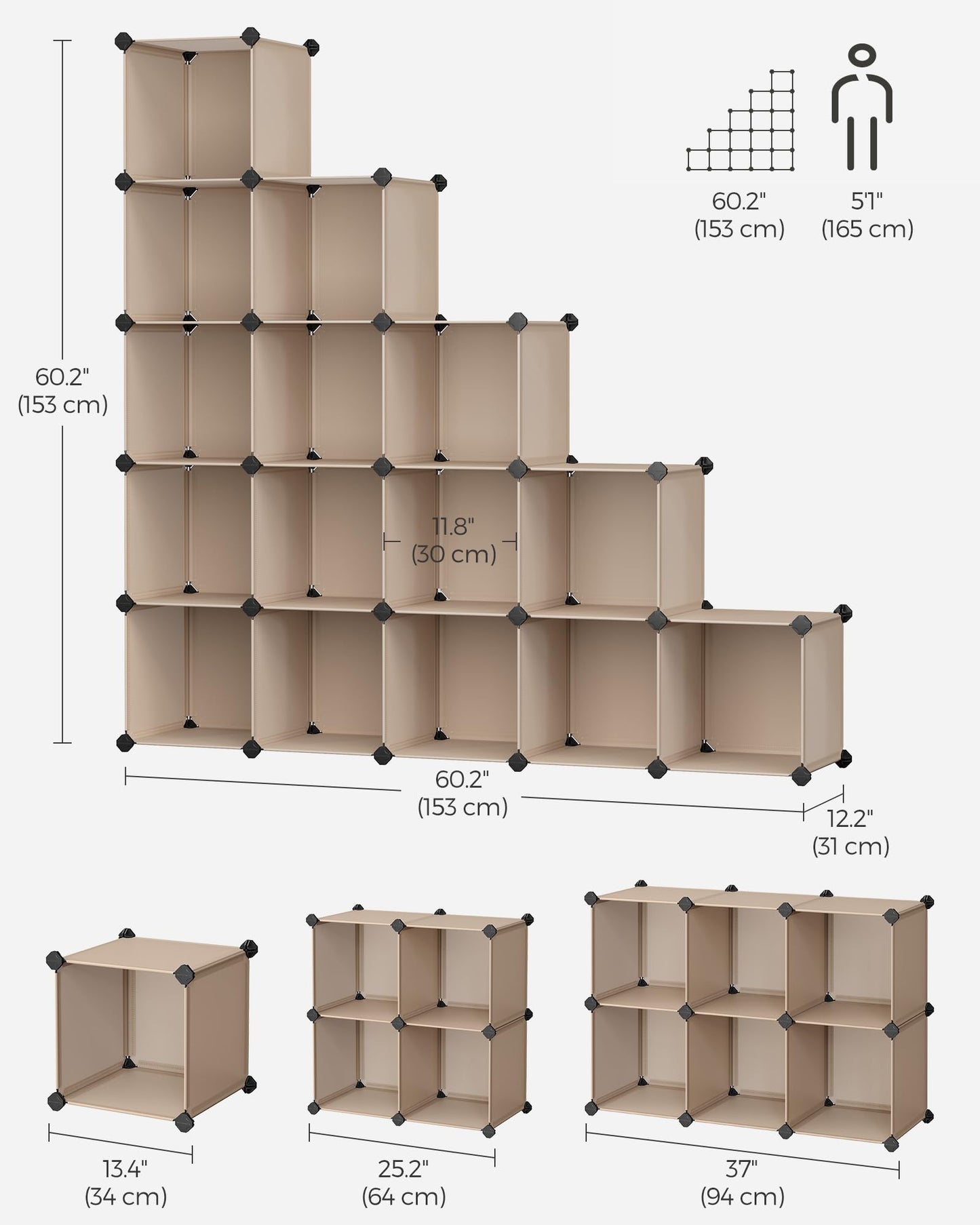 SONGMICS Cube Storage Organizer, Set of 16 Plastic Cubes, Closet Organizers and Storage, Room Organization, Bedroom Living Room, 12.2 x 48.4 x 48.4 Inches, Rustic Brown ULPC442A01