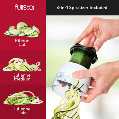Fullstar Gemüsehacker und Mandolinenschneider - Julienne-Schneider, Würfelschneider, Reibe für Lebensmittel, Gemüse, Zwiebeln, Gurken, Tomaten, Salat, Kartoffeln, Käse - Küchenutensilien & Gadgets (Kompakt 6-in-1, Weiß)