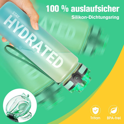Sahara Sailor Trinkflasche, 950ml Motivations-Sportflasche mit Zeitmarkierung – Trinkzeiten – Tritan, BPA-frei, weite Öffnung auslaufsicher, Fast-Flow-Technologie mit Reinigungsbürste (1 Flasche)